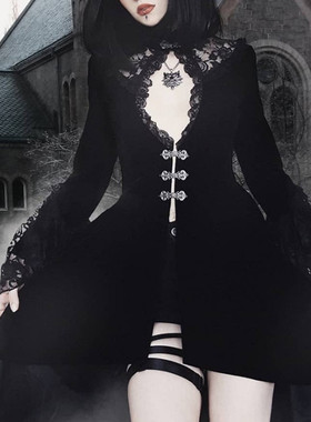 2023ins欧美暗黑风性感宫廷风复古蕾丝拼接镂空灯笼袖连衣裙