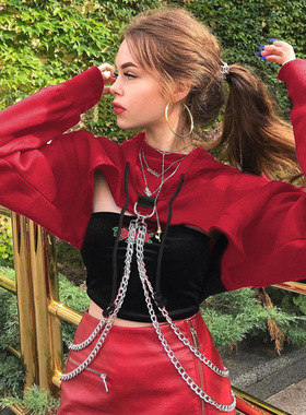 Fashion & Match sweate织锦系带两件套高腰街头长袖连帽上衣纯色