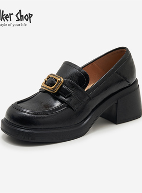 Walker Shop乐福鞋女2025年春季英伦单鞋新厚底高跟一脚蹬小皮鞋