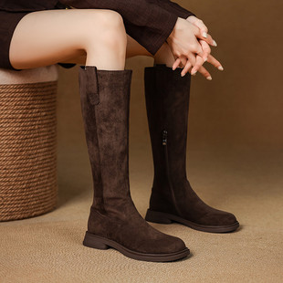 马丁靴子女款 鞋 粗跟方头弹力靴长筒靴冬季 今年流行爆款 子2025新款
