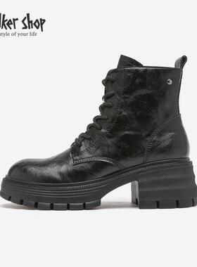 Walker Shop马丁靴女英伦风加绒厚底小个子系带潮流黑色内增高靴