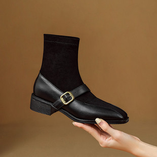 alkershop旗舰店冬季鞋子2025新款今年流行爆款粗跟弹力靴短靴女