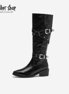 Walker Shop牛仔靴女2025新款厚底粗根骑士靴复古高筒西部牛仔靴