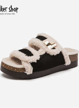 Walker Shop平底通勤毛毛鞋女2025新款厚底勃肯毛毛鞋一字棉拖鞋