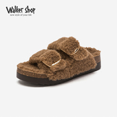 2025新款 Walker Shop厚底勃肯毛毛鞋 秋冬金属扣带休闲一字拖外穿