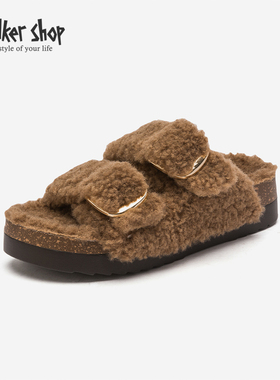 Walker Shop厚底勃肯毛毛鞋2025新款秋冬金属扣带休闲一字拖外穿