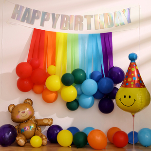 宝宝儿童生日装 彩虹色皱纹纸小红书同款 饰场景布置气球套餐背景墙