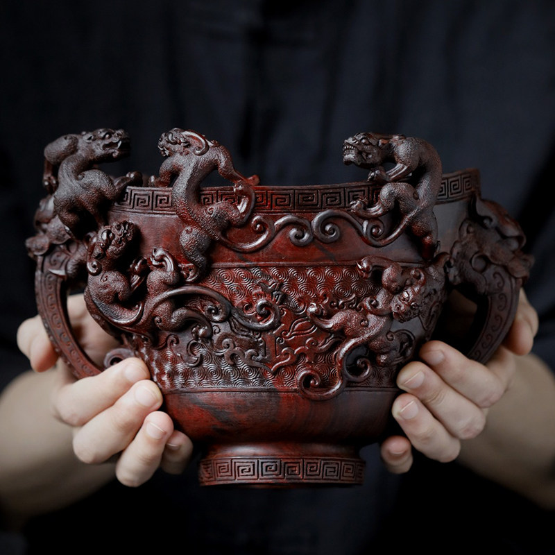 印度小叶紫檀九龙戏珠大爵杯摆件中式实木雕刻瑞兽神兽红木工艺品