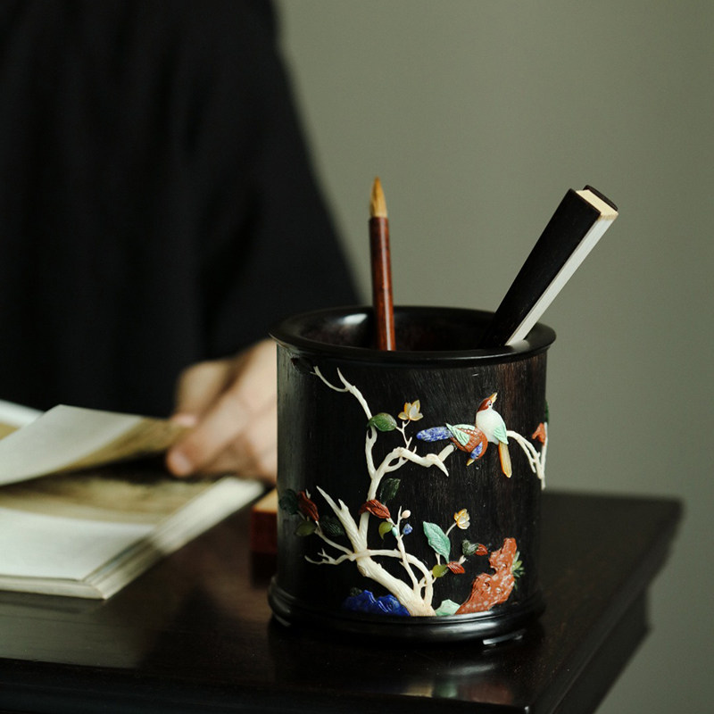 印度小叶紫檀木百宝嵌玉棠富贵笔筒高档办公室桌面红木质商务礼品