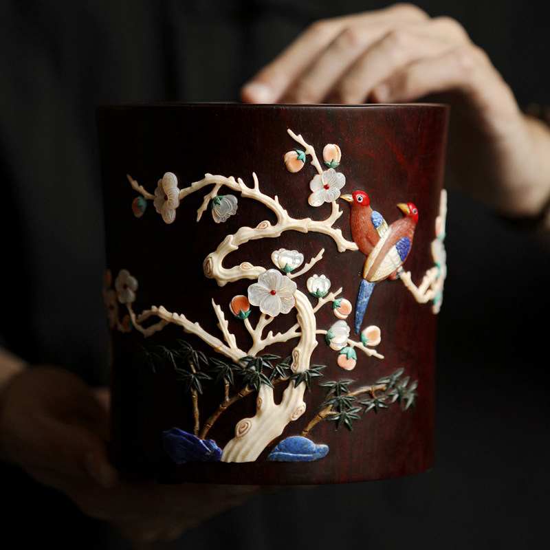 印度小叶紫檀喜上眉梢笔筒收纳摆件百宝嵌红木定制文房收藏工艺品