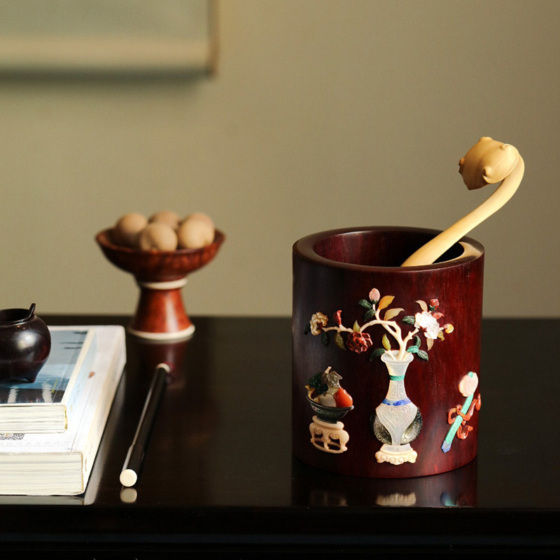 印度小叶紫檀百宝嵌清供博古图笔筒带金星红木书房摆设收藏收纳筒