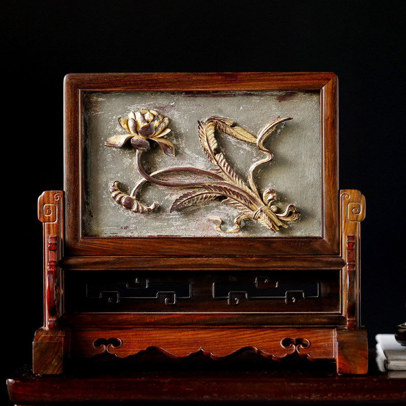 大红酸枝老物件吉祥富贵插屏底座屏心嵌清代老花板文玩木雕收藏品