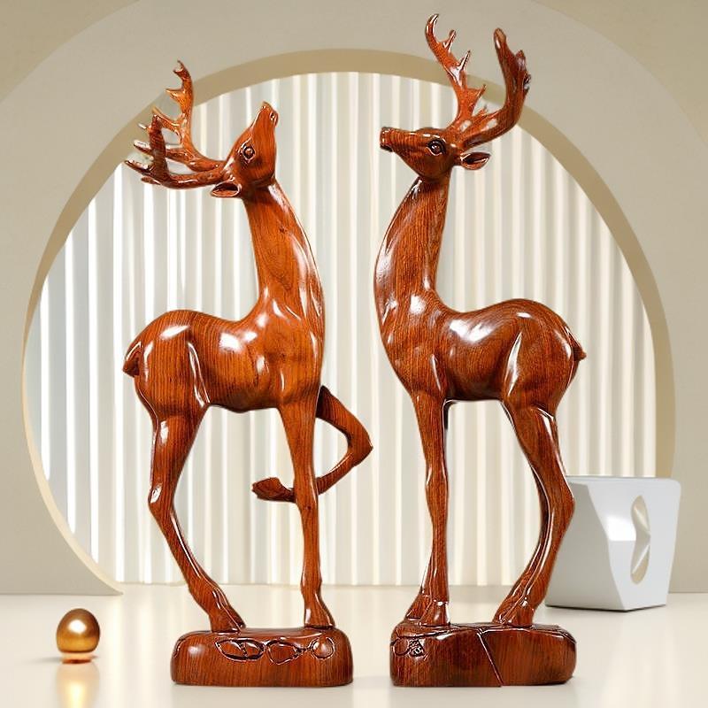纯木梅花鹿摆件梨实雕刻麋鹿