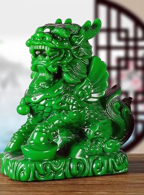 绿色实木麒麟摆件木质客厅装饰品实木头雕刻火麒麟工艺品乔迁送礼
