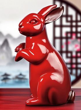 红色木雕刻兔子风水摆件客厅12生肖兔实木质兔工艺品家居红木装饰
