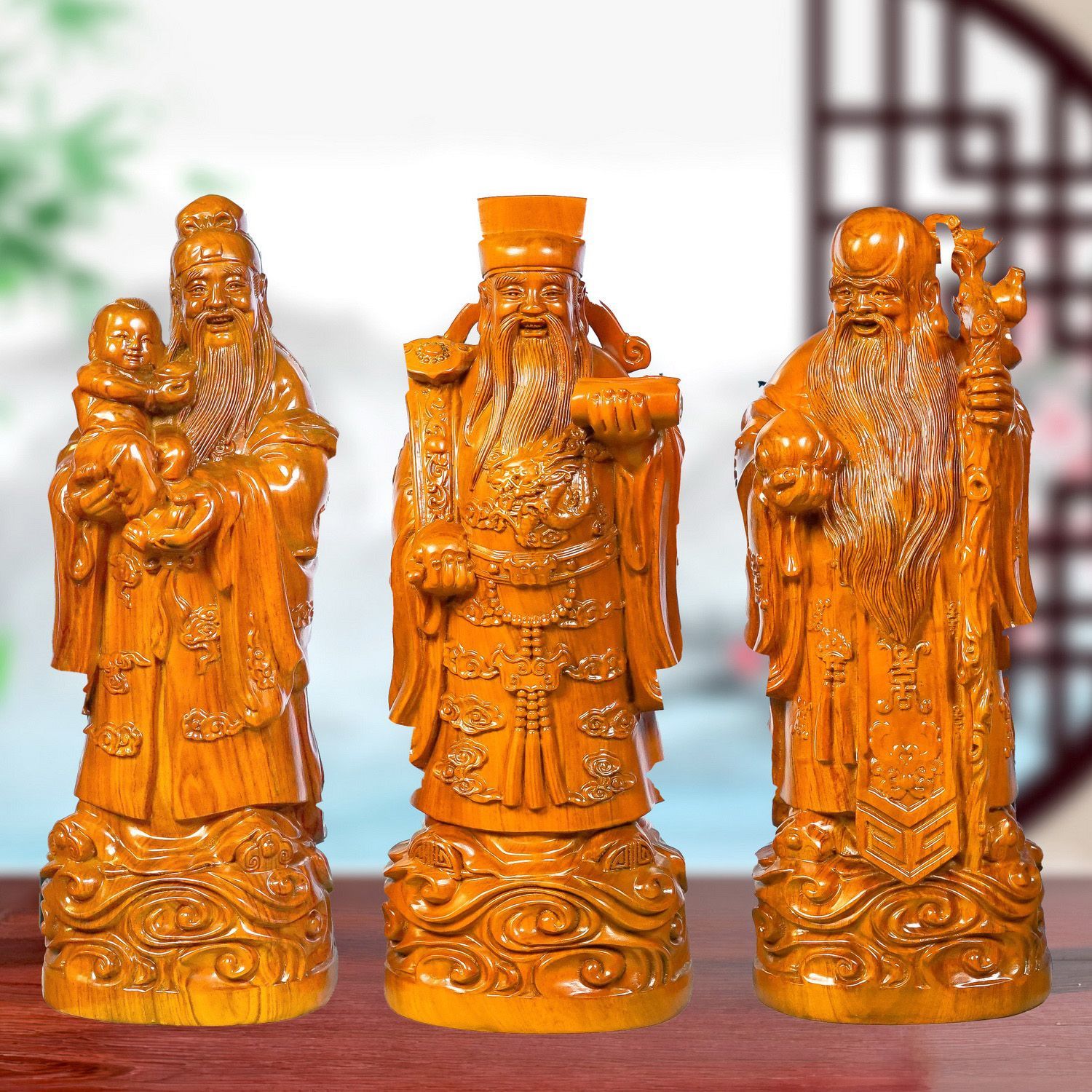 花梨木福禄寿三星摆件财神