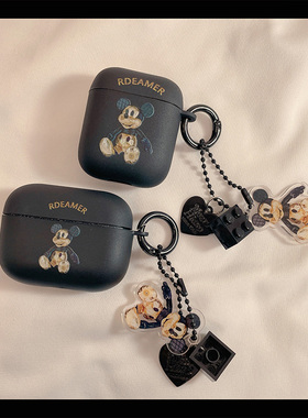 米奇黑色磨砂适用airpods第二代保护套苹果耳机保护壳airpodspro2无线蓝牙ipod三代简约耳机套airpod3耳机壳