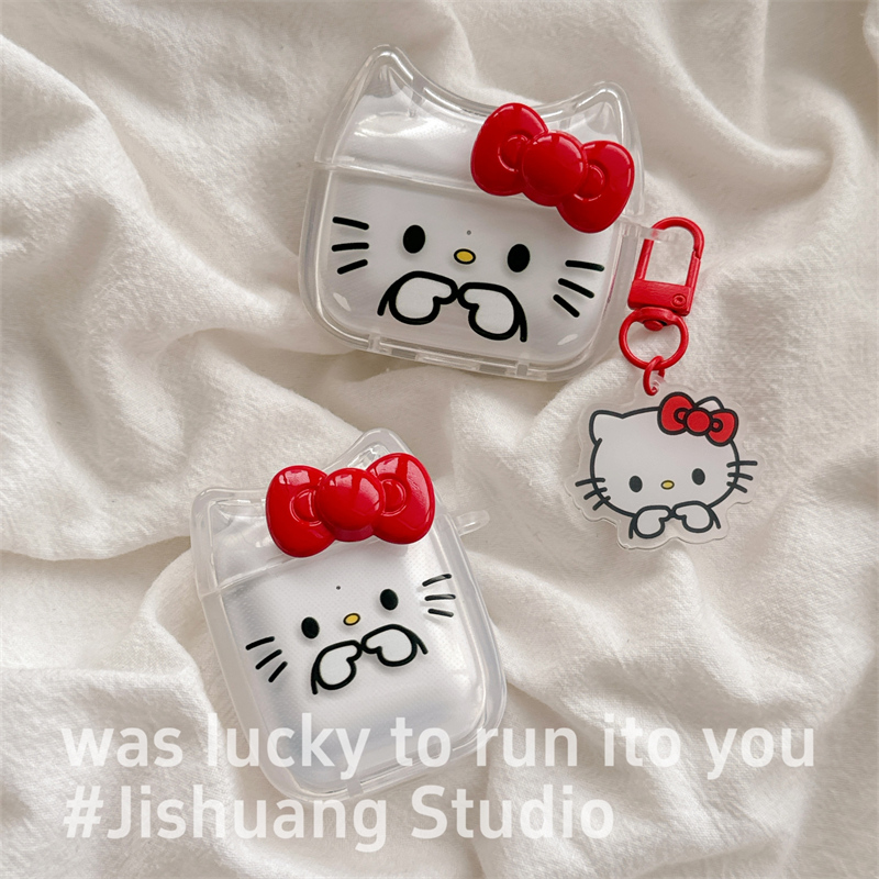 透明红色蝴蝶结戳手kitty适用airpods4保护套airpodspro3苹果耳机套二代无线蓝牙保护壳airpod3女款全包软壳