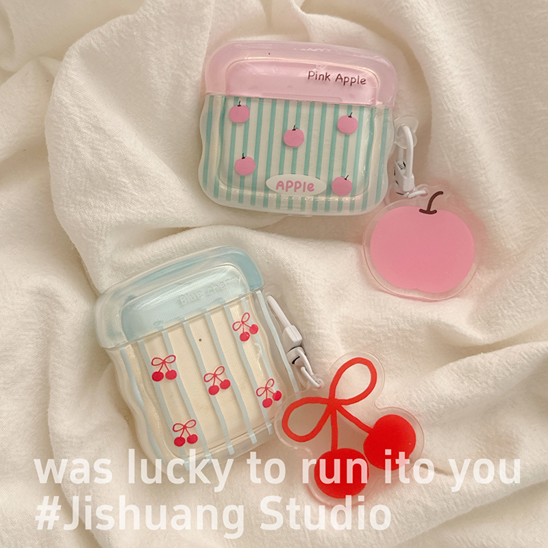 小清新竖纹樱桃桃子适用苹果耳机保护套airpods4无线蓝牙耳机壳四代airpodpro2二代ipod耳机盒airpods3保护壳