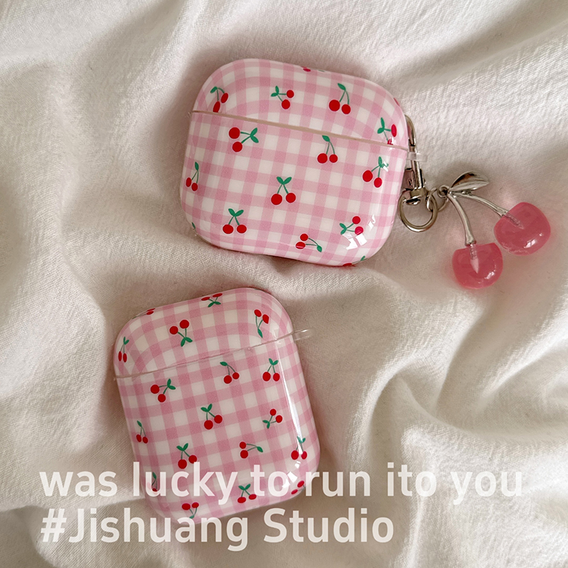夏日小众粉格子樱桃适用苹果耳机保护套airpods4无线蓝牙耳机壳三四airpodpro2二代ipod耳机盒airpods3保护壳