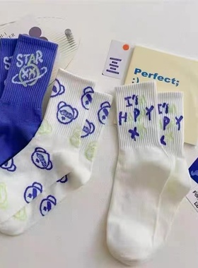 蓝色小熊学生袜子女春秋季ins潮简约百搭原宿风卡通设计感长筒袜