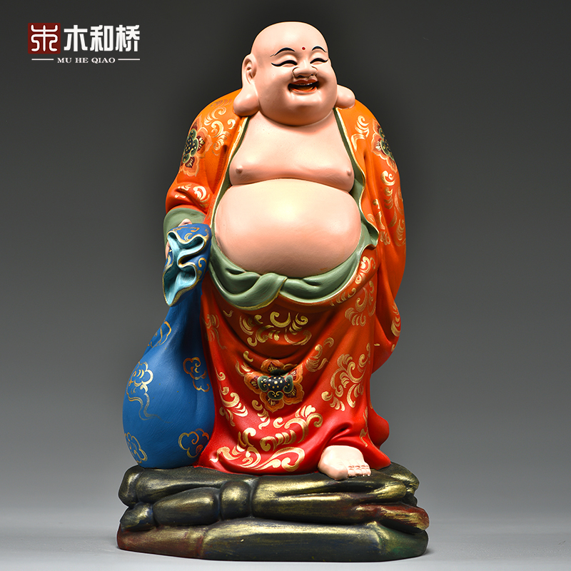 彩绘木雕刻弥勒佛像摆件家用笑佛客厅玄关装饰工艺品开业乔迁送礼