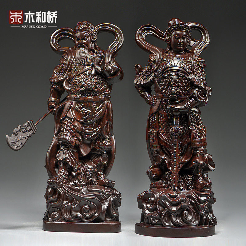 黑檀木雕伽蓝韦陀佛像摆件韦驮关公伽蓝菩萨左右护法关公寺庙佛堂