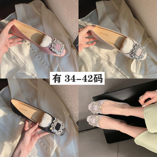 43新款 女 女鞋 百搭绸缎伴娘婚鞋 平底大码 42码 水钻方扣单鞋 女41