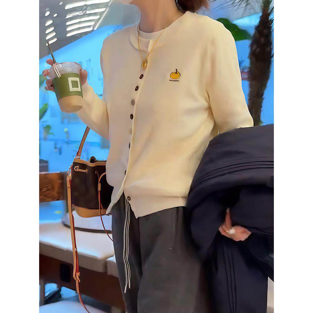 JOYIASS美式彩扣刺绣南瓜开衫毛衣女秋薄款纯色插肩袖圆领长袖针
