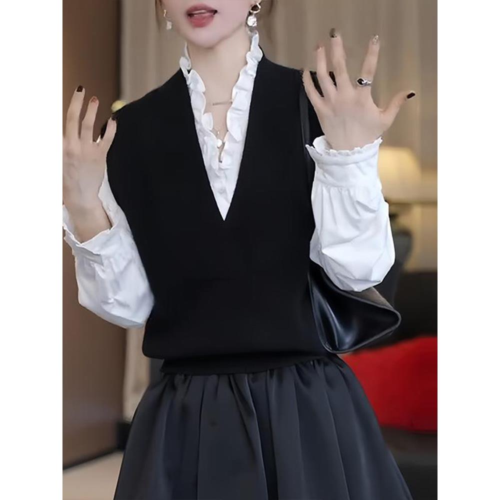 JOYIASS时尚白色衬衫套装女针织马甲2025年秋季新款独特设计感减