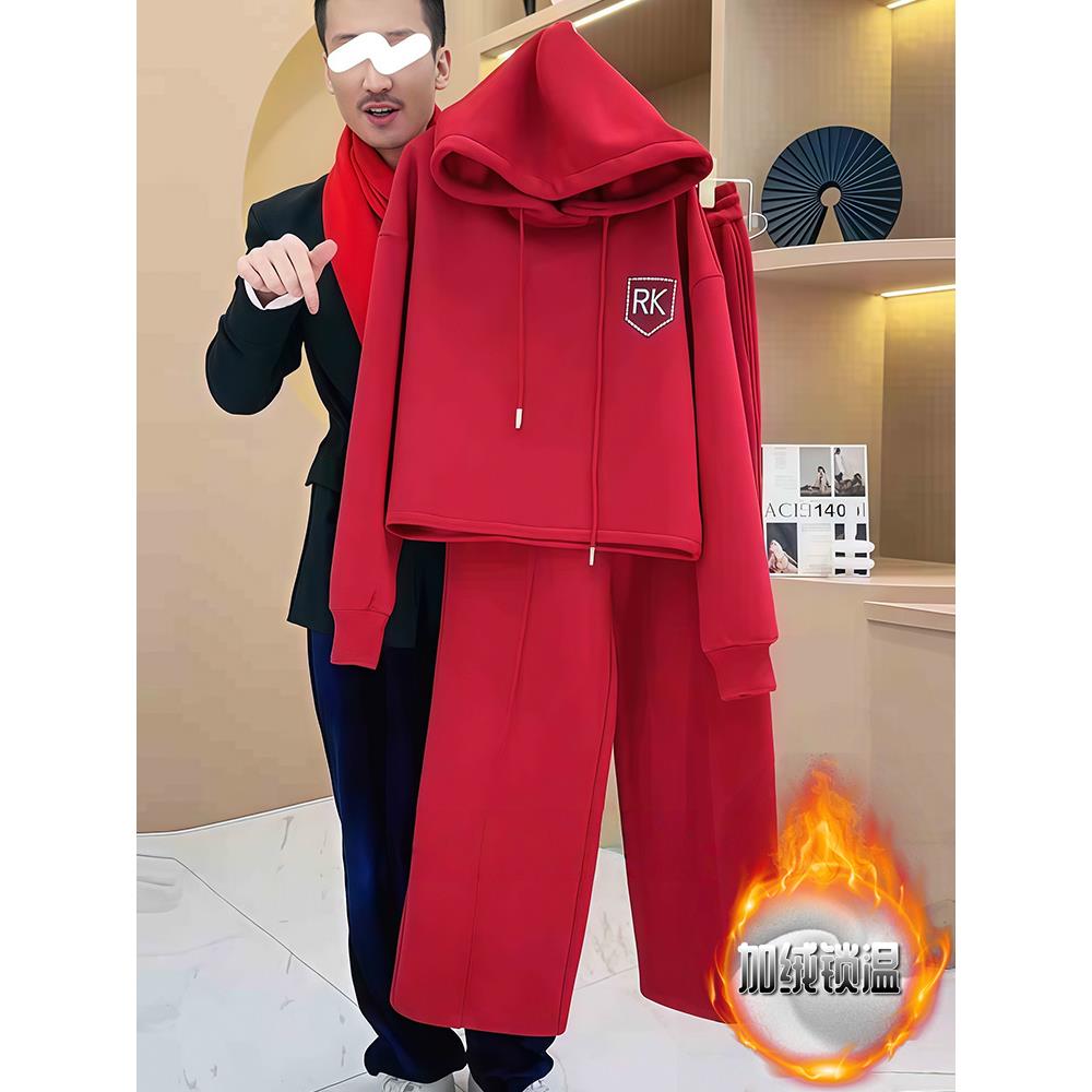 JOYIASS冬季保暖网红时尚套装女新款加绒加厚连帽卫衣休闲直筒裤