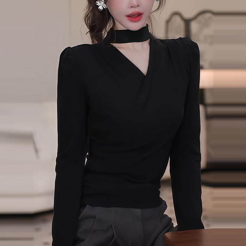 JOYIASS辣妹纯欲风挂脖V领长袖T恤女款秋冬设计感独特修身内搭打