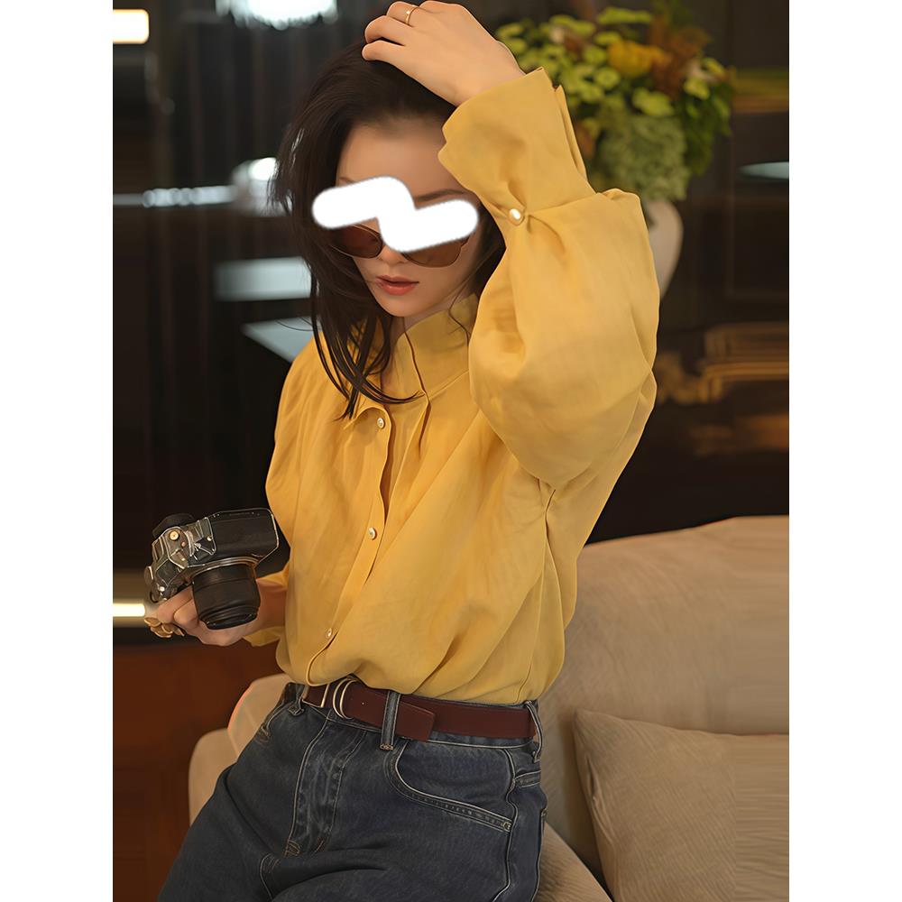 JOYIASS法式覆古飘带长袖衬衫女薄款夏季设计感小众别致短款上衣