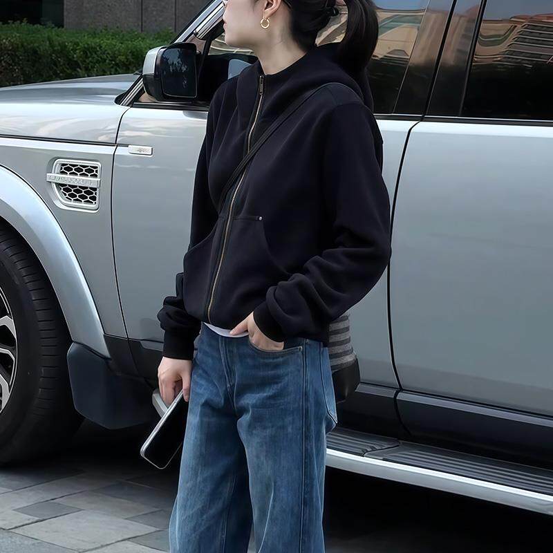 JOYIASS秋冬新款休闲黑色赫本风连帽卫衣外套女修身显瘦百搭气质