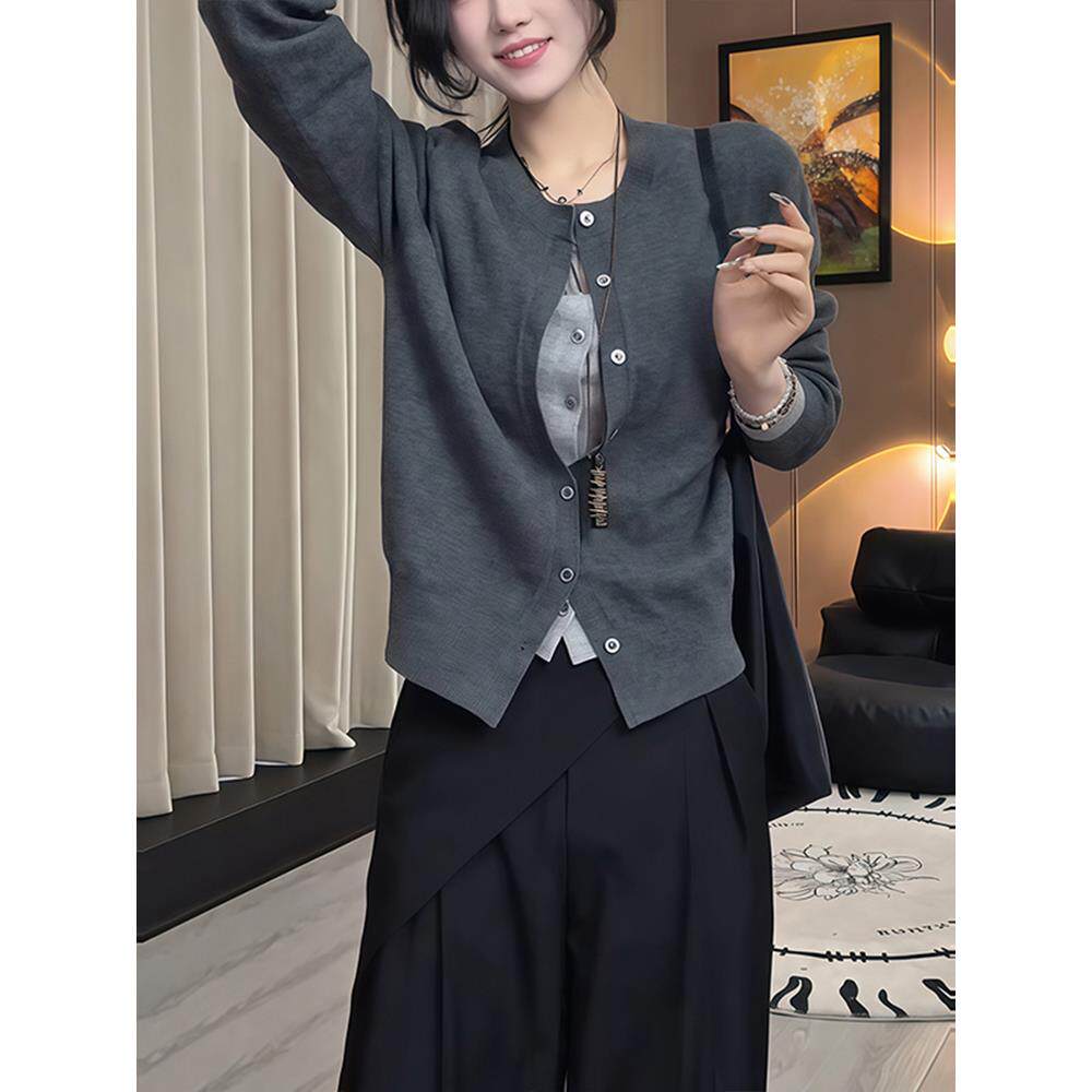 JOYIASS韩系慵懒风灰色假两件针织开衫女秋冬内搭毛衣外套设计感