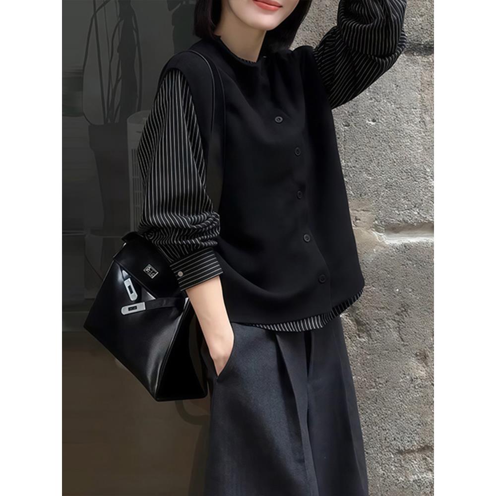 JOYIASS高级感条纹拼接假两件衬衫套装女2025秋季新款韩版休闲显