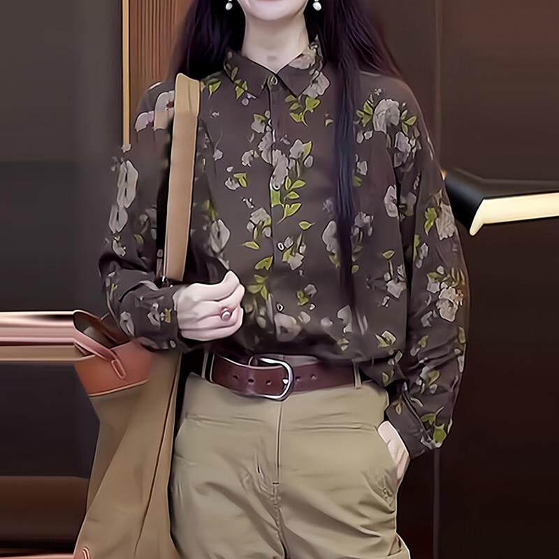 JOYIASS复古印花拼接长袖衬衫女秋季2025年新款休闲百搭简约小众