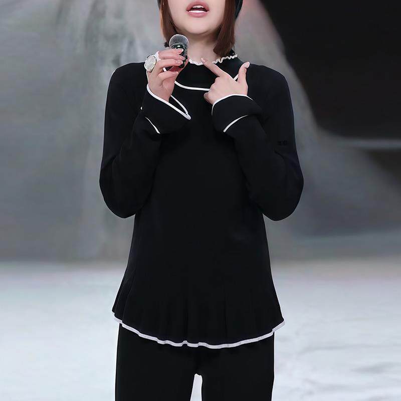 JOYIASS黑色撞色半高领长袖针织衫上衣女士秋冬高级感显瘦木耳边