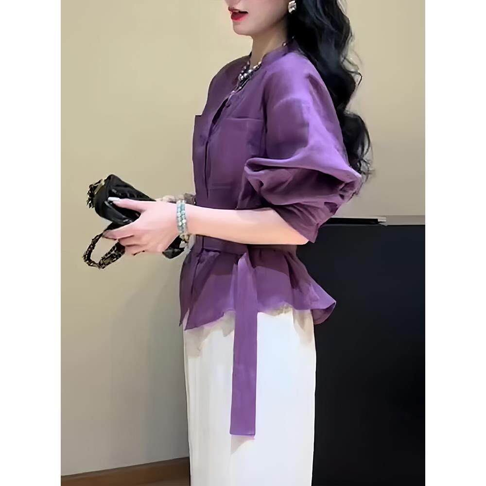 JOYIASS法式时尚高级感气质简约紫色衬衫女2025秋季流行设计感长