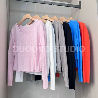 【多多还是多多】v领竹节棉做旧宽松短款长袖T NH-Z25112