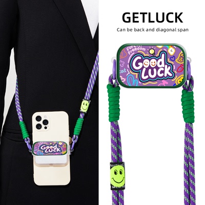 原创goodluck镜面背夹适用苹果安卓手机背夹创意格纹小众便携斜挎可调节挂绳卡通高级感卡通可爱趣味新款防摔