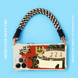 适用iphone13pro手机壳镜头全包背带14挂绳小众苹果15promax斜挎可背女款12ins风小众卡通猫咪11手腕手提xs潮