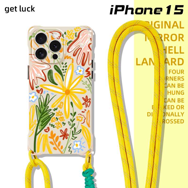 原创花朵适用苹果17promax文艺创意新款13pro可手提腕带16斜跨背带挂脖iphone14plus防摔镜头全包12ins风女款