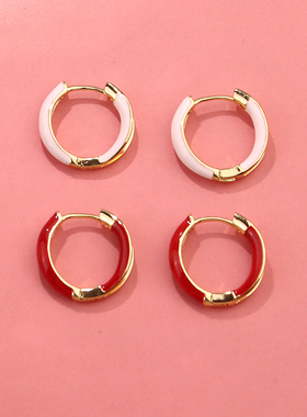 纯银红色喜庆滴油圆圈圈耳环2024年新款潮小众设计感耳圈新年耳饰