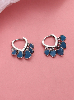 s925银珐琅滴釉蓝色桃心流苏爱心耳扣女韩国小众气质高级耳环耳饰