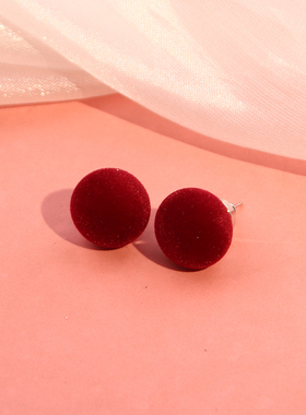 国风红色植绒S925银针圆球耳钉女简约气质温柔甜蜜风时尚耳环饰品