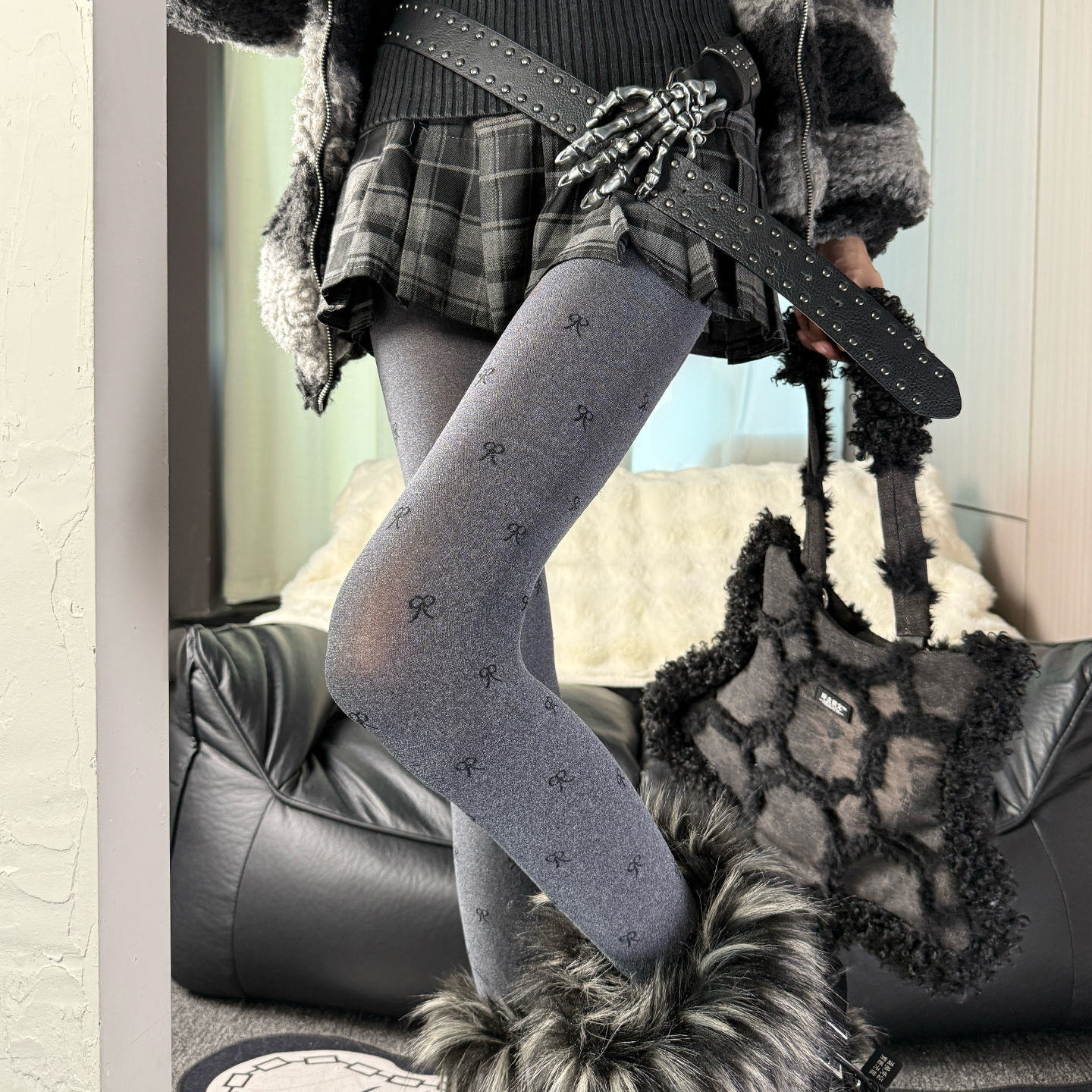 暗黑系Coquette麻灰蝴蝶结连裤秋冬千禧y2k甜酷搭亚文化厚底靴DF