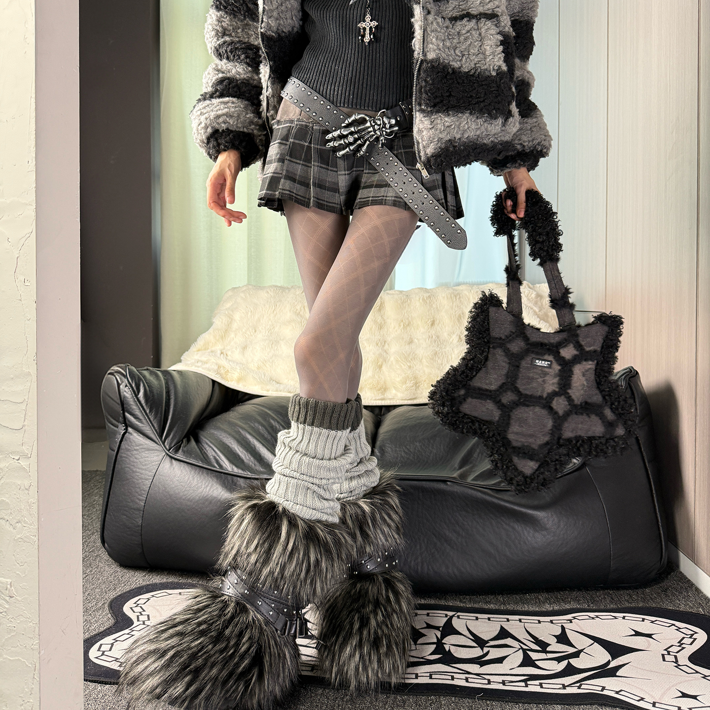 蜜糖反叛计划·千禧y2k甜酷灰色菱格纹连裤x秋冬腿套轻亚辣妹风DF