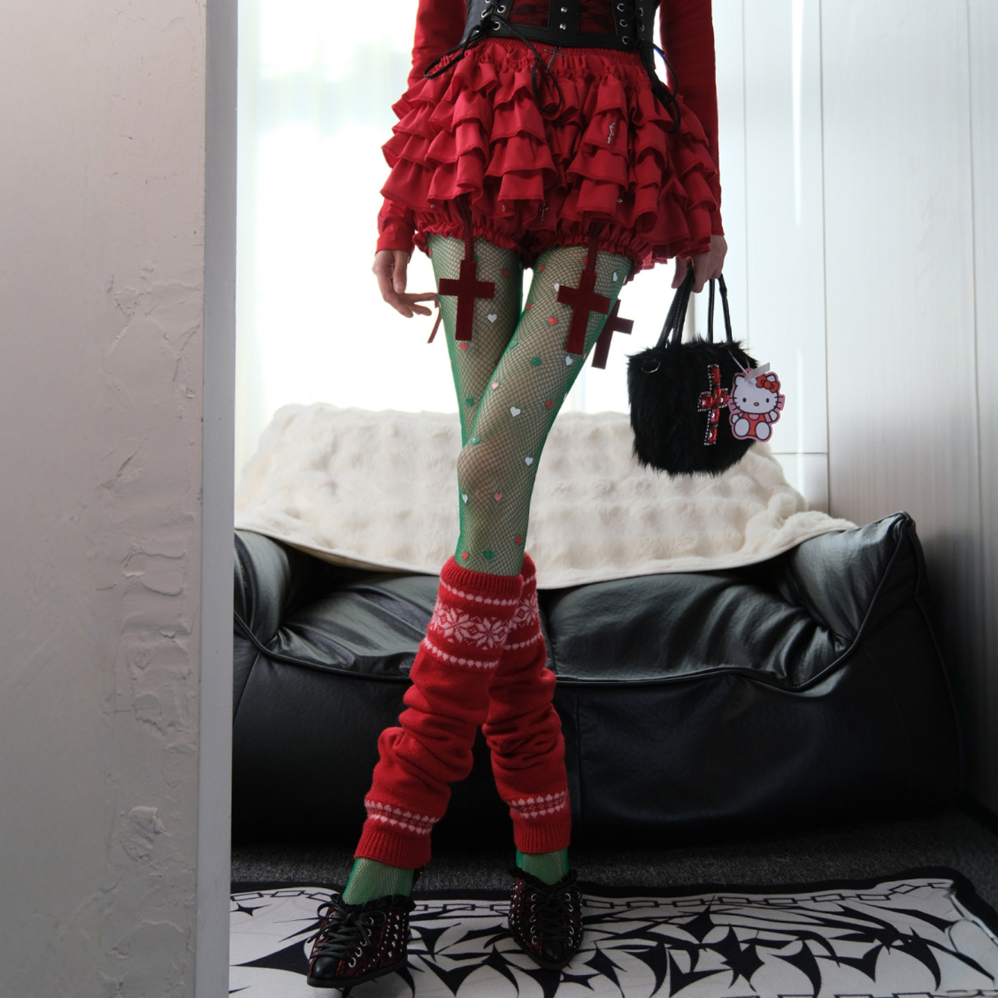 圣诞叛逃计划|绿色爱心渔网x红色堆堆腿套辣妹甜酷千禧风亚文化DF,服饰配件/皮带/帽子/围巾,三件套,淘宝优惠券,粉丝福利购,淘宝优惠卷
