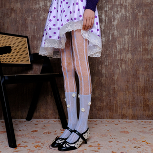 染雾玫瑰诗 粉蓝艺术渔网叠立体白玫瑰小腿千禧昭和y2k轻亚美学